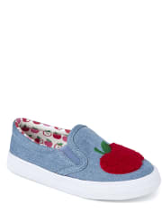 Girls Embroidered Denim Slip On Sneakers - Candy Apple