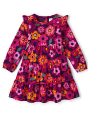 Girls Floral Corduroy Tiered Dress - Berry Cute