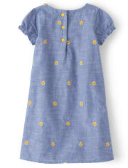 Girls Embroidered Sunflower Chambray Shift Dress - Harvest