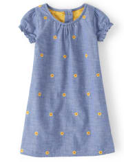 Girls Embroidered Sunflower Chambray Shift Dress - Harvest