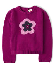 Girls Embroidered Flower Sweater - Berry Cute