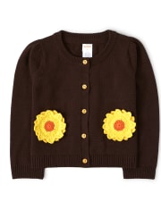 Girls Applique Sunflower Cardigan - Harvest