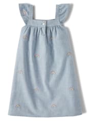 Girls Embroidered Rainbow Chambray Dress - Sunshine Time