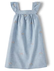 Girls Embroidered Rainbow Chambray Dress - Sunshine Time