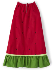 Girls Sleeveless Watermelon Seed Print Poplin Ruffle Dress Sweet