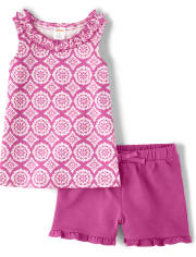 Girls Ruffle Tank Top And Shorts Set - Summer Sunsets