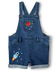 Girls Embroidered Space Denim Shortalls - Future Astronaut