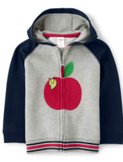 Boys Long Sleeve Embroidered Apple Fleece Zip Up Hoodie