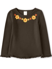 Girls Embroidered Sunflower Ruffle Top - Harvest