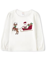 Girls Embroidered Santa's Sleigh Top - Ho Ho Ho