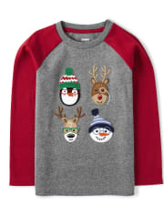 Camiseta raglán navideña bordada para niños - Ho Ho Ho