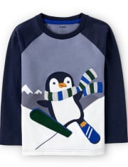 Boys Embroidered Ski Penguin Top - Polar Party
