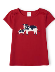 Girls Embroidered Cow Ruffle Top - Farming Friends