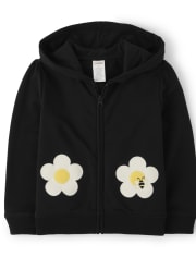 Girls Embroidered Daisy Zip Up Hoodie - Busy Little Bee