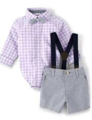 Baby Boys Dad And Me Gingham Button Up Bodysuit And Dress Shorts Set - Spring Blooms