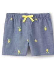 Girls Embroidered Lemon Chambray Shorts - Citrus & Sunshine