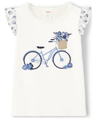Girls Embroidered Bike Flutter Top - Blue Skies
