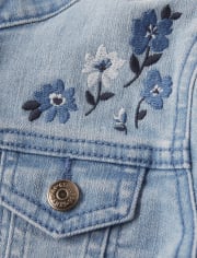 Girls Embroidered Floral Denim Jacket - Blue Skies