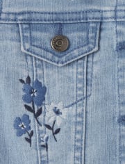 Girls Embroidered Floral Denim Jacket - Blue Skies