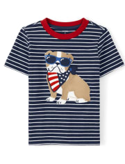 Boys Embroidered Dog Striped Top - American Cutie