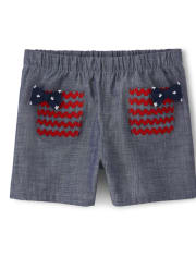 Girls Embroidered Chambray Shorts - American Cutie