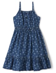 Girls Floral Chambray Dress - Blue Skies
