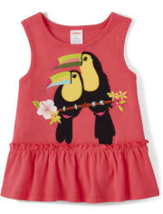 Girls Embroidered Toucan Ruffle Top - Pineapple Punch