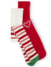Girls Candy Cane Heart Tights 2-Pack - Holiday Express