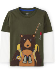 Boys Embroidered Bear Layered Top - S'more Fun