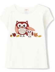 Girls Embroidered Owl Ruffle Top - Autumn Harvest
