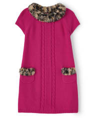 Girls Faux Fur Collar Dress - Purrrfect in Pink