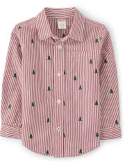 Boys Striped Schiffli Tree Button Up Shirt - Holiday Traditions