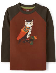 Boys Embroidered Owl Raglan Top - Autumn Harvest