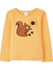 Girls Embroidered Squirrel Top - Autumn Harvest