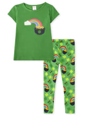 Girls Embroidered Rainbow Top And St. Patrick's Day Leggings Set - Little Leprechaun