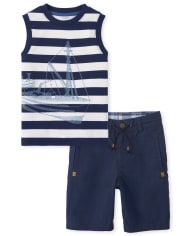 Boys Striped Boat Tank Top And Chino Shorts Set - Blue Skies