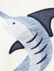 Conjunto de top de pez espada bordado para niños y pantalones cortos de lino a rayas - Blue Skies