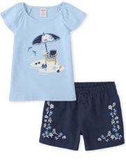 Girls Embroidered Beach Top And Floral Shorts Set - Blue Skies