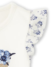 Girls Embroidered Bike Flutter Top, Floral Tiered Skort And Embroidered Floral Denim Jacket Set - Blue Skies