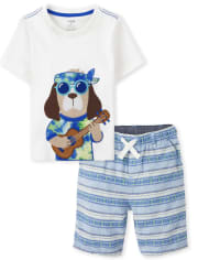 Boys Embroidered Dog Top And Linen Striped Pull On Shorts Set - Music Festival