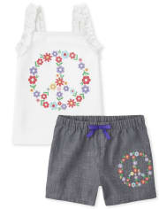 Girls Embroidered Peace Ruffle Top And Peace Chambray Shorts Set - Music Festival