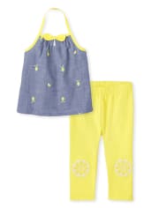 Girls Embroidered Lemon Halter Top And Lemon Capri Leggings Set - Citrus & Sunshine