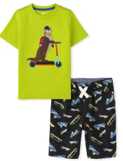 Boys Embroidered Scooter Top And Skateboard Pull On Shorts Set - Stunt Master