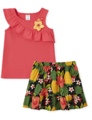 Girls Floral Ruffle Top And Pineapple Ruffle Skort Set - Pineapple Punch