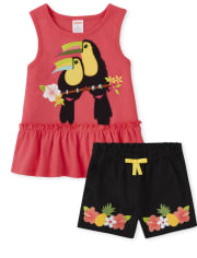 Girls Embroidered Toucan Ruffle Top And Floral Shorts Set - Pineapple Punch