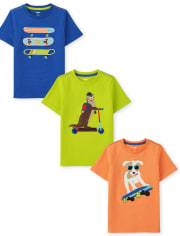 Boys Embroidered Scooter Top, Embroidered Skateboard Top And Embroidered Dog Skateboard Top 3-Pack - Stunt Master