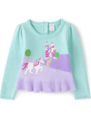 Girls Intarsia Unicorn Scene Peplum Sweater - Unicorn Princess
