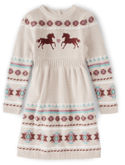 Girls Long Sleeve Intarsia Horse Fairisle Sweater Dress Little Rocky Mountain COOKIE DOUGH Gymboree CA