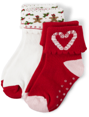 Girls Gingerbread Turn Cuff Socks 2-Pack - Gingerbread House