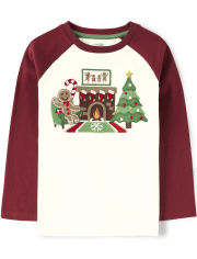 Boys Embroidered Christmas Raglan Top - Gingerbread House